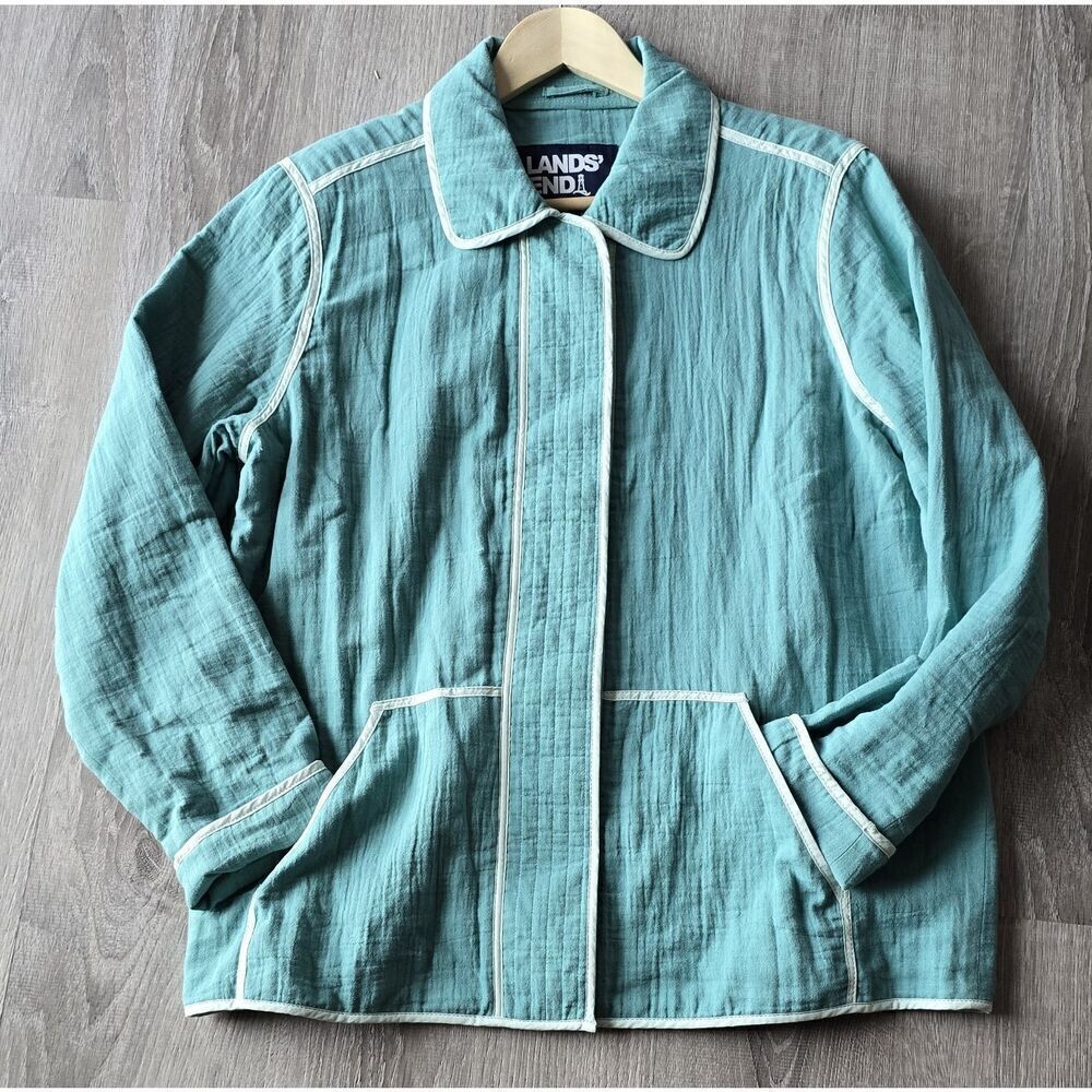 Lands End Women's Size Large Gauze Textured Cotton Jacket Teal Shadow Spring - Picture 5 of 7